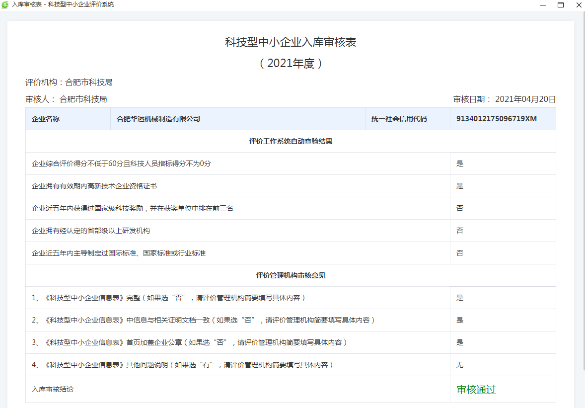 祝賀合肥華運機械獲得“科技型中小企業(yè)”稱號